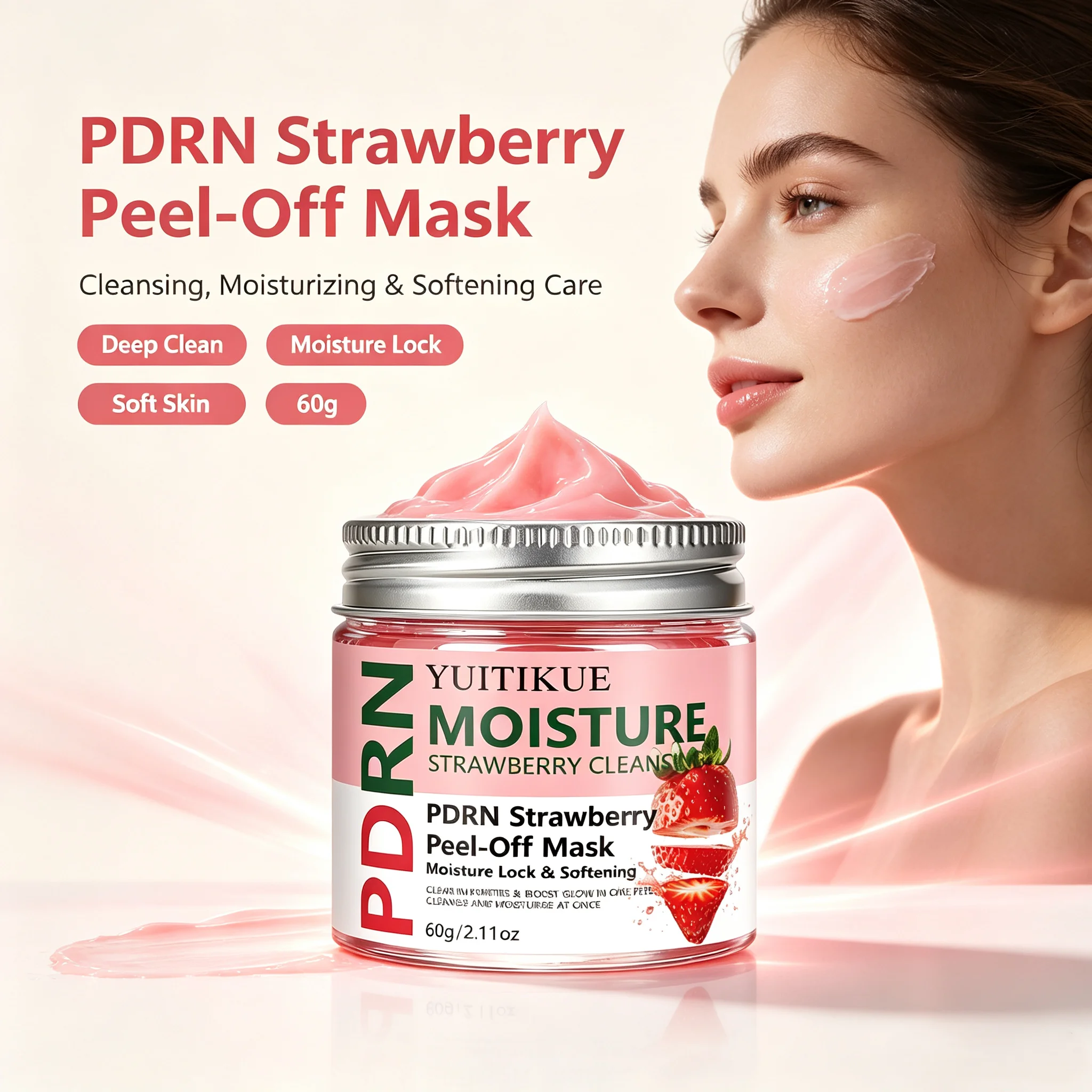 YUITIKUE PDRN Strawberry Peel Off Mask 60g Lock Moisture Soften Skin Clean Impurities Brighten Facial Skin Care Mask