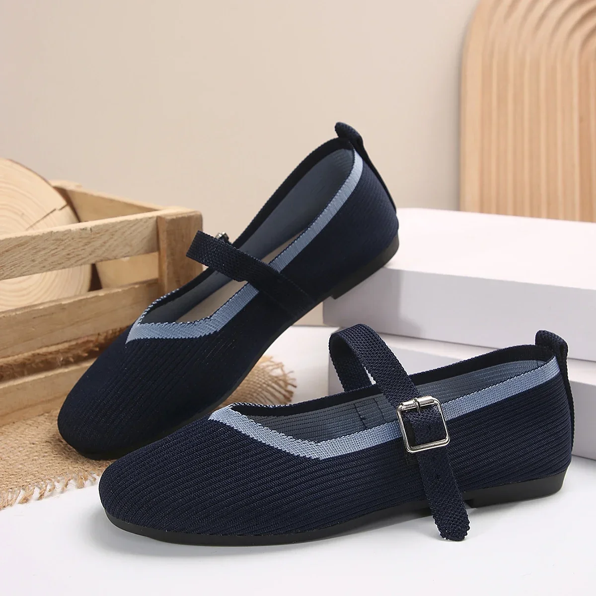 2024 Women\'s Shoes Loafers Ballet Flats Square Toe Barefoot Buckle Strap Casual Low Heel Luxury Brand Woman Shoe New Brown Blue