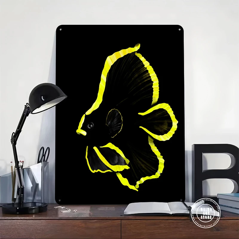 Black and Yellow Fish Metal Poster Customized Wall Art Retro Vintage Metal Signs for Man Cave Aesthetic Room Decor Men Wand Deko