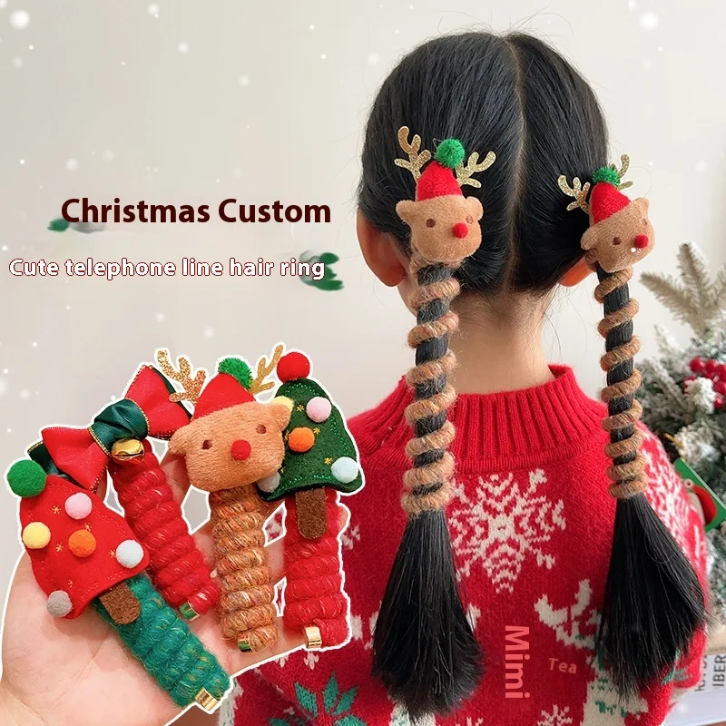 Christmas headwear for children Roll up telephone cord hair band for girls double ponytail hair tie for girls festive moose foot