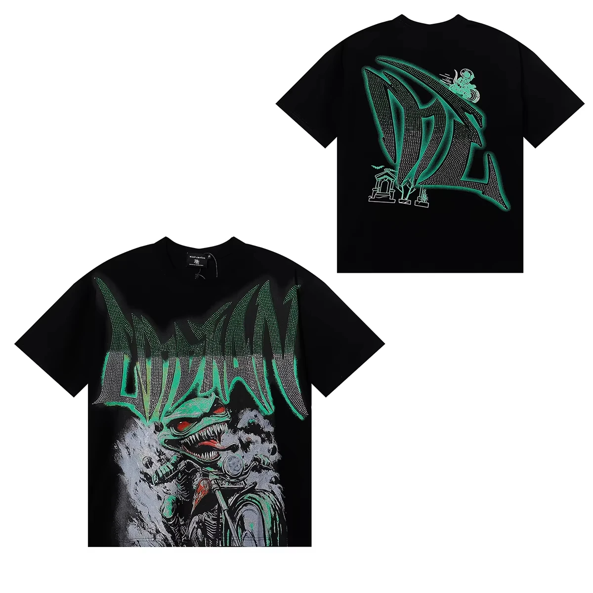 2026 INHUMAN Monster Rider Motorcycle Gothic Rhinestone Print Short Sleeve T-Shirt Kids Adults Streetwear Oversized Tee