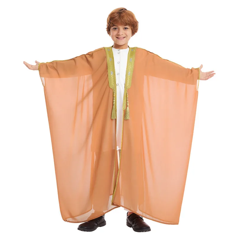 Abaye Muslim For Kids Boy Robes Middle East Arab Boys Embroidered Tassels Long Sleeve Chiffon Dress Shirt Islamic Robes Clothes