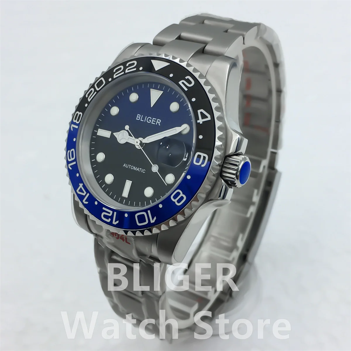 BLIGER Men\'s Watch 40mm NH35 PT5000 MIYOTA 120 Click case Ceramic bezel Blue Black gloss dial sapphire glass Green luminous