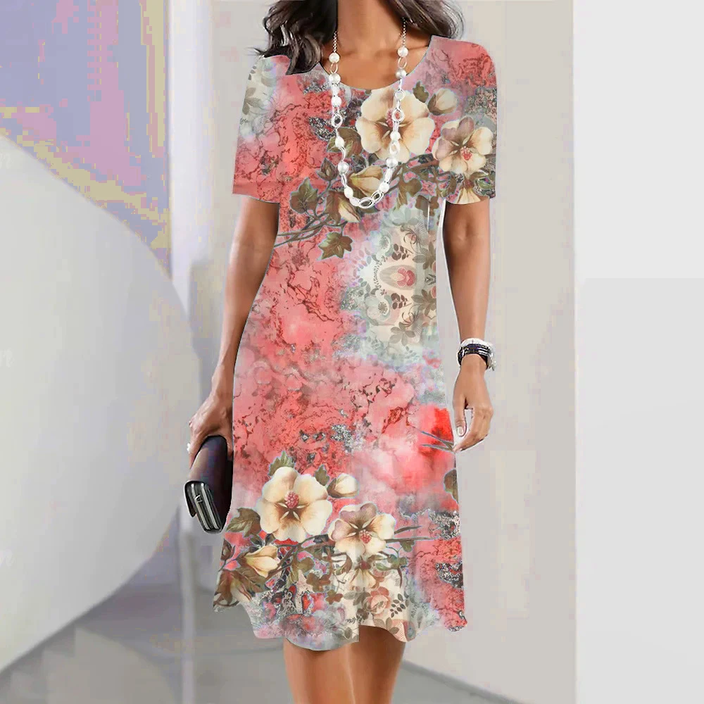 Flower Pattern Fashion Elegant Women Mini Dresses Short Sleeve 3D Floral Printed Street Ladies Dress 3XL Plus Size Casual Dress