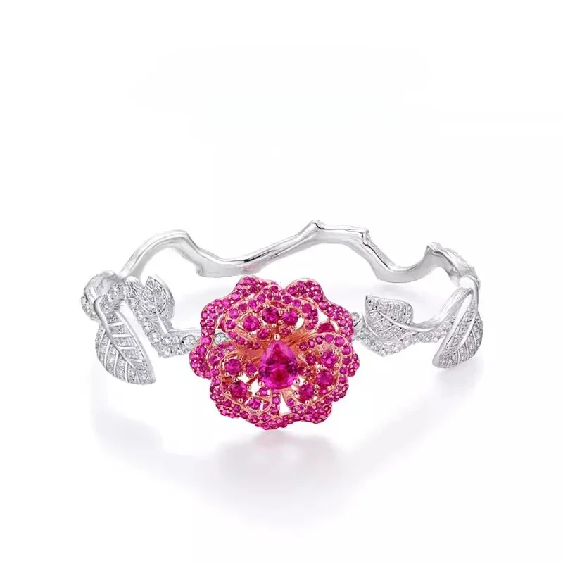 

Bellux Fine Jewelry 925 Pure Silver Synthetic Zircon Bracelet Rose Blossoms Fashion Art Bracelet