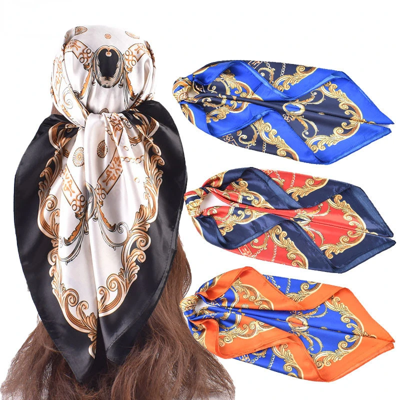 Heitou 90CM Square Kerchief Vintage Chain Women's Versatile Decoration Simulation Silk Scarf Luxury Women Foulard Femme Headband