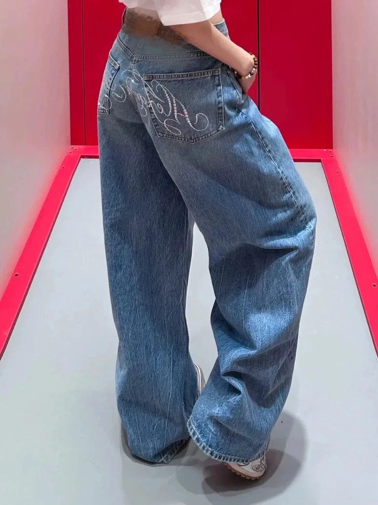 

Spring Summer New Style Light Blue Women's Wide Leg Knife Denim Jeans Butt Embellished Casual High Waist Long Pants