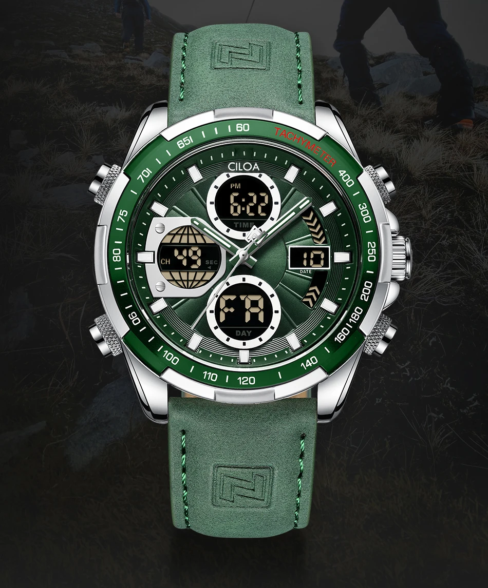 Men Dual Display Digital Analog Watch Green Suede Leather Strap Tachymeter Bezel Waterproof Military Outdoor Multifunctional Sports Quartz Wristwatch for Men