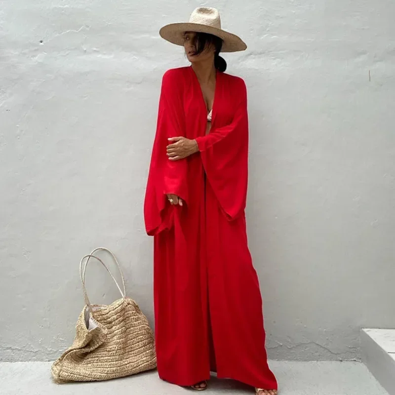 5 kleuren effen bikini cover-ups lange kimono sexy gordel zomer wikkeljurk vrouwen strandkleding cover-up vest robe de plage