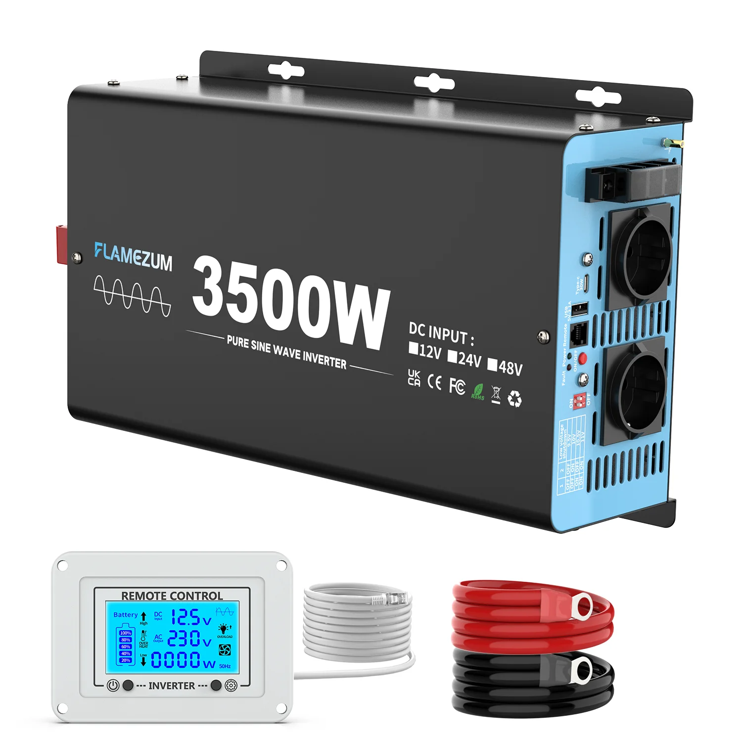 3500W Continuous Power Pure Sine Wave Inverter Peak Power 7000W DC 12V to AC 230V 50HZ EU Socket LCD Car Voltmeter Converter