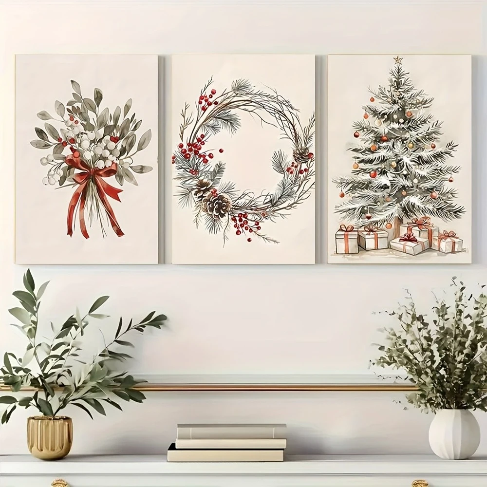 3PCS Large-sized frameless canvas paintings,3pcs Christmas Wreath Pine Tree Rustic Poster Xmas Festival Wall Art Canvas Print Mi