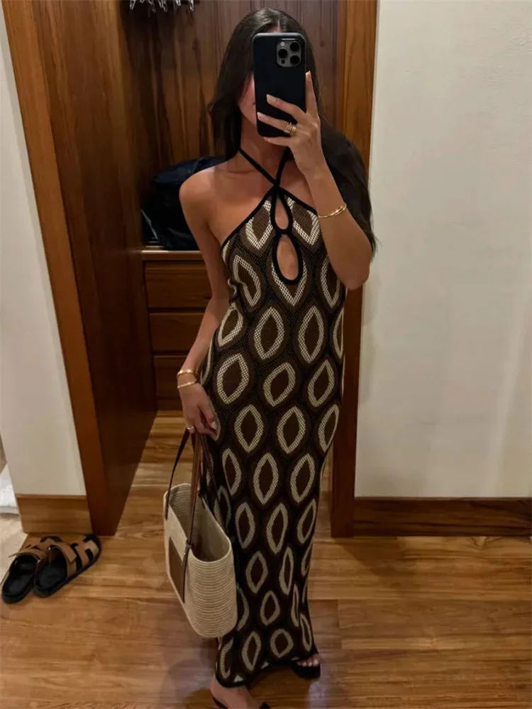 Knit Printed Hollow Out Long Dress Women Bandage Backless Contrast Beach Holiday Dress Clothes Female Boho Knitwear Dress