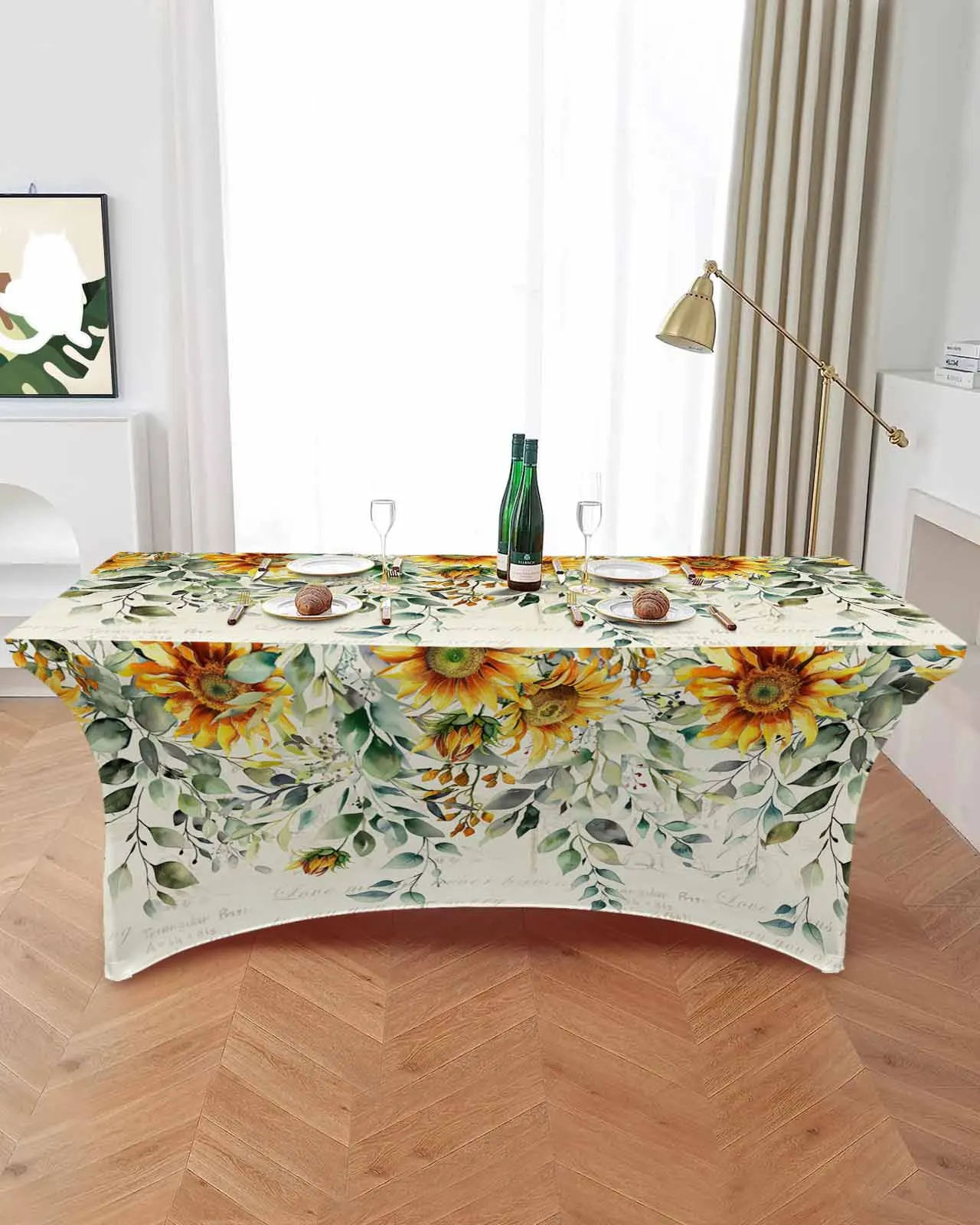 Plants Eucalyptus Leaves Field Sage Sunflowers Retro High Stretch Tablecloth Wedding Party Decor Table Cover Outdoor Table Cloth