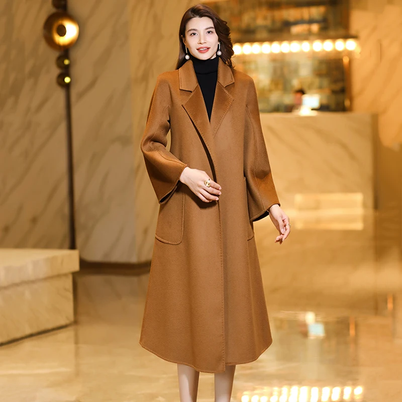 New Women Autumn Winter Caramel Double-faced Woolen Coat Elegant Fashion Turn-down Collar Lace-up Medium Long Wool Blended Coat