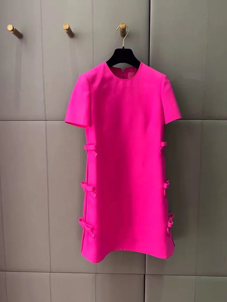 

Sweet Youthful High Waist Dress with Bow Tie Short Sleeve round Neck Women's A-Line Skirt Pure Color Spring Summer New Style