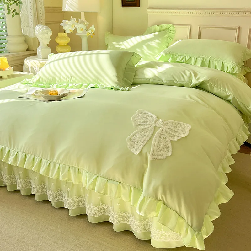 4Pcs Korean version romantic lace bow craftsmanship lace bedsheet set double duvet set Ruffle Lace Pillow Cover