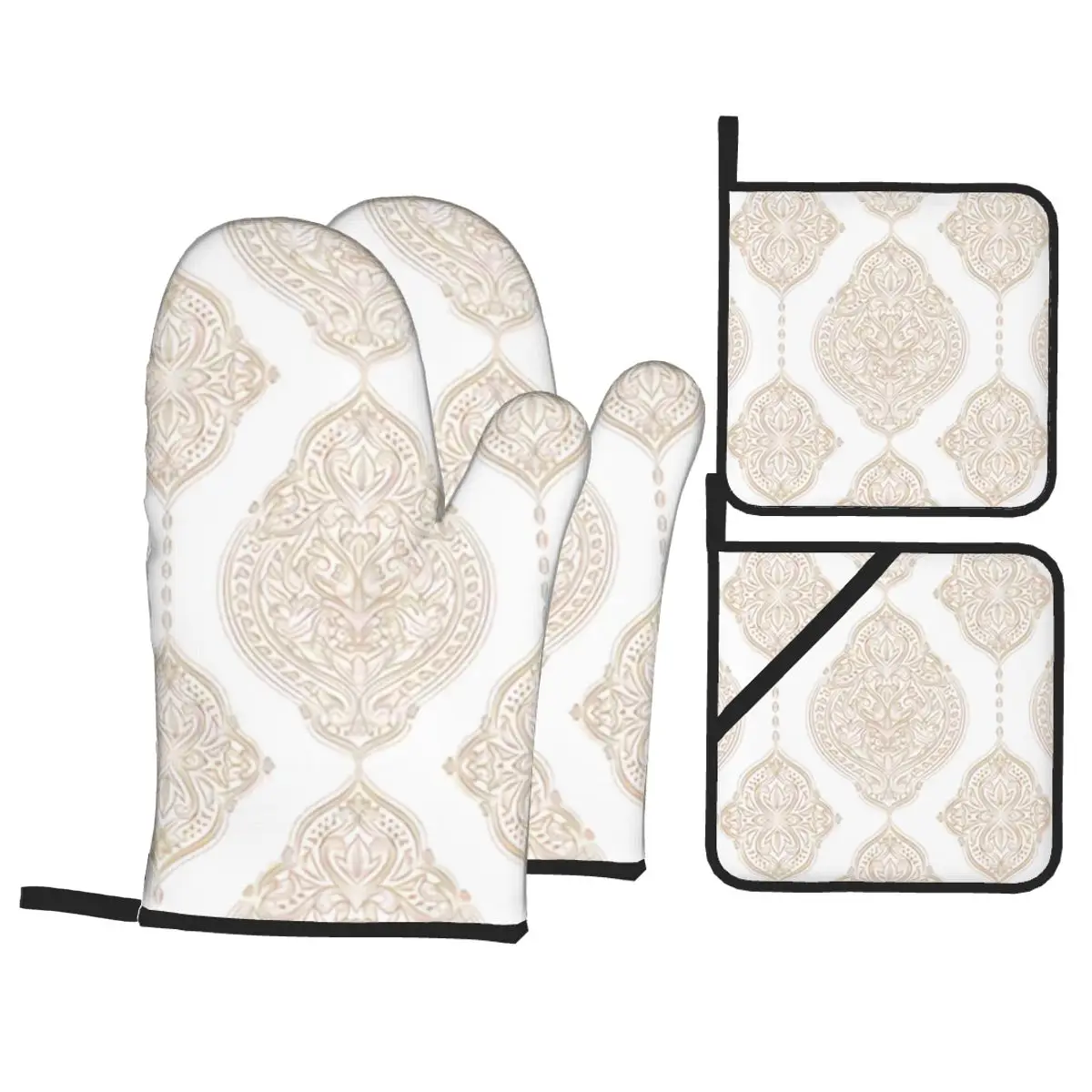 

Gold White Ornamental Insulation Four-Piece Set Gloves and Pad Anti Slip Anti Scald Oven Gloves Kitchen Baking Tools