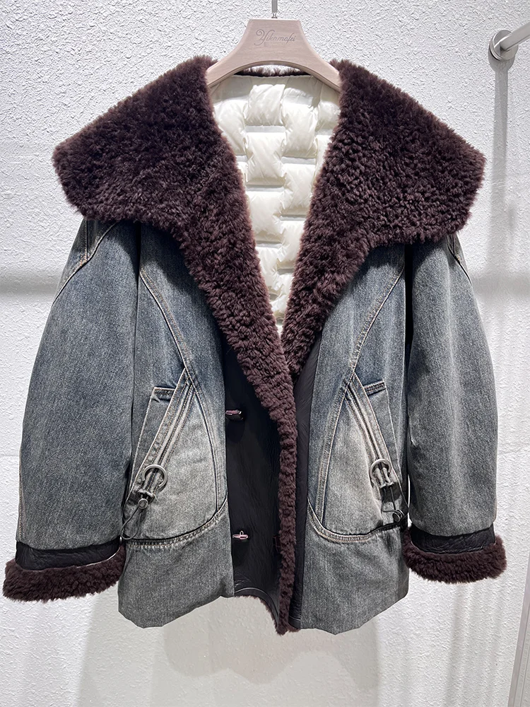

2025 New Winter Women's Denim Jacket Luxury Female Coats Natural Real Merino Sheep Fur Collar Outwear Duck Down Jacket