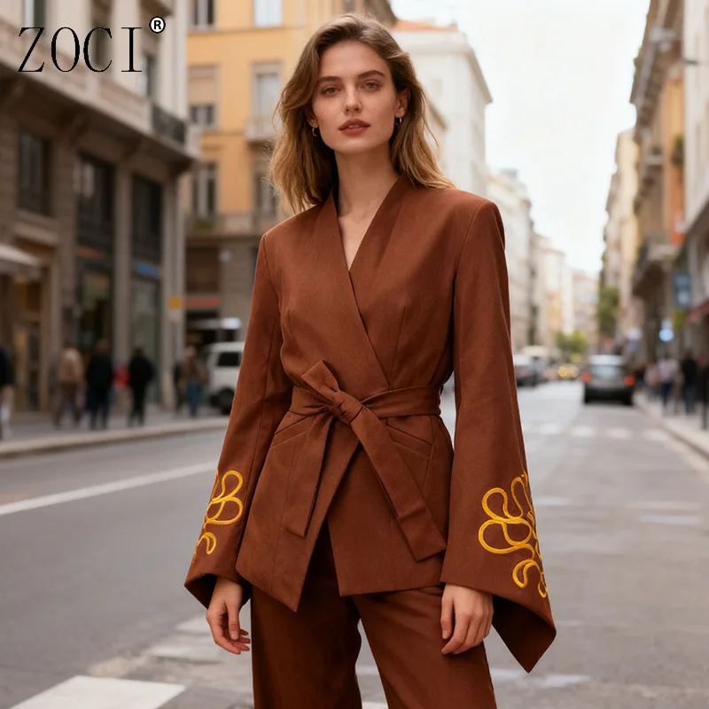 

ZOCI женские пиджаки с вышивкой, асимметричный подол, пиджаки с расклешенными рукавами, женские винтажные пальто с зубчатым воротником, новинка осени 2023 г.