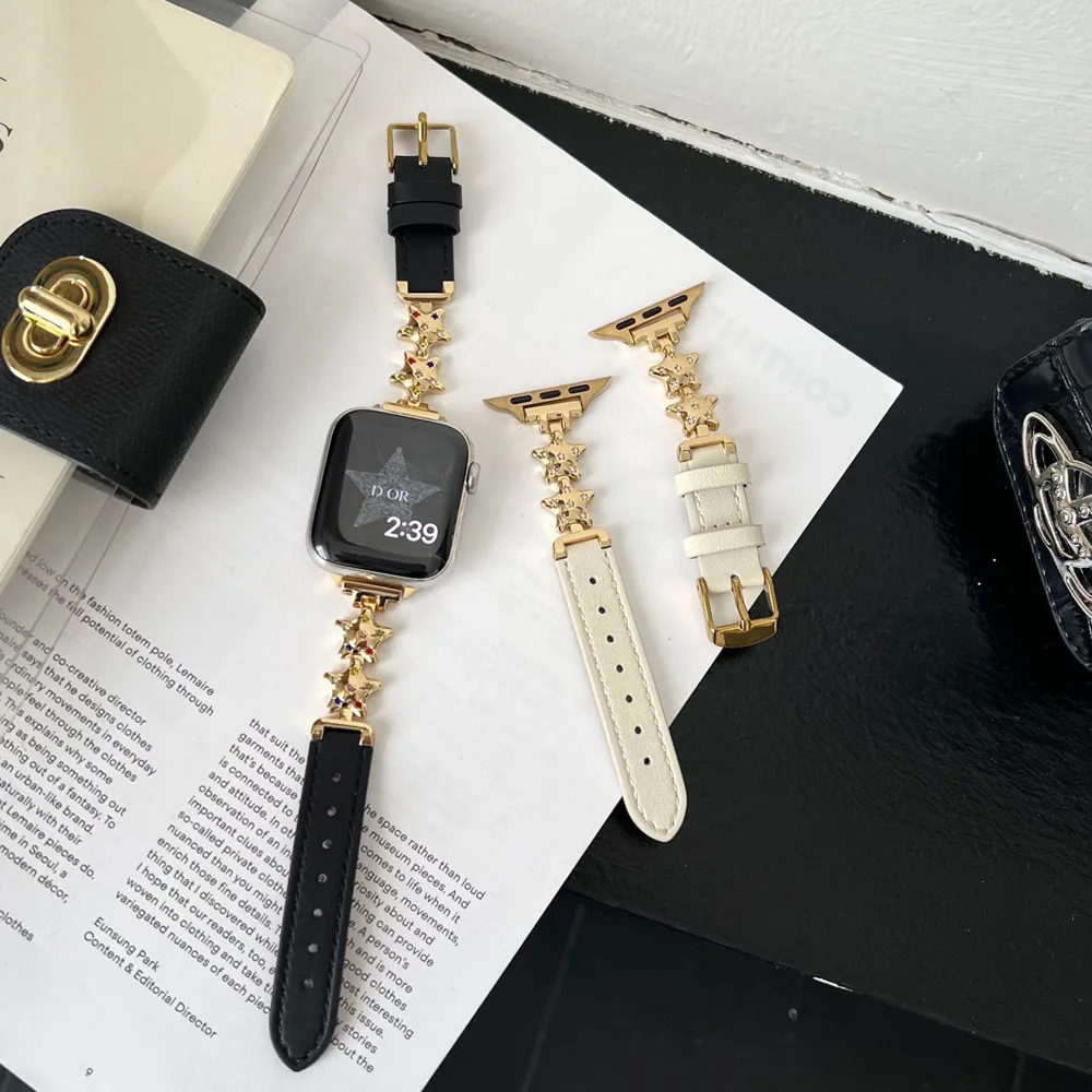 Correa de cuero de Metal con diamantes de estrella de la suerte para Apple Watch 10 9 8 7 SE 6 5 46MM 49mm 41 45 40 44 38 42mm pulsera