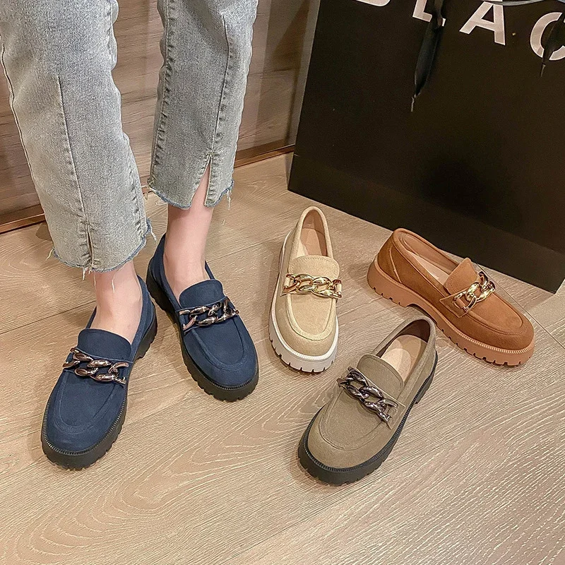 Size 34-42 Casual Loafers Women Real Leather Flats Platform Shoes Fashion Chain Chunky Heel Ladies Retro Office Casual