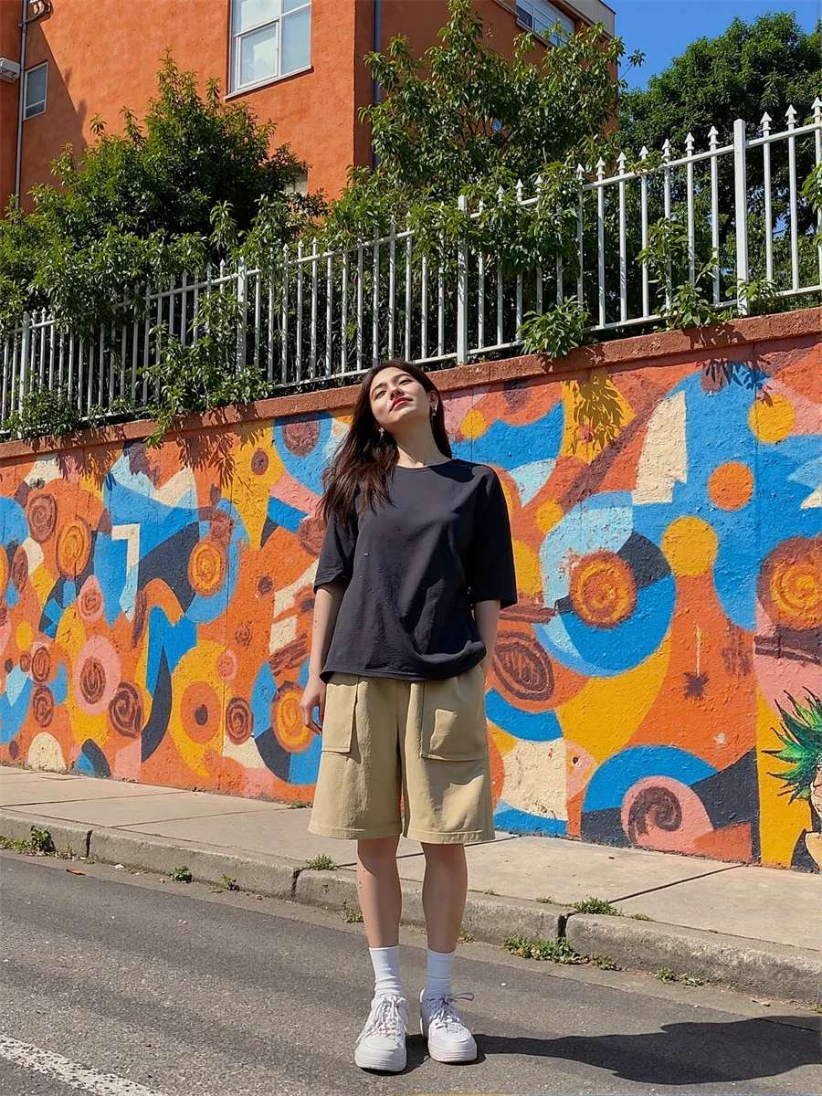 Pantalones cortos de pierna ancha para parejas, pantalones cortos holgados de cintura alta con bolsillos grandes, ropa informal vaquera a la moda, azul, verano