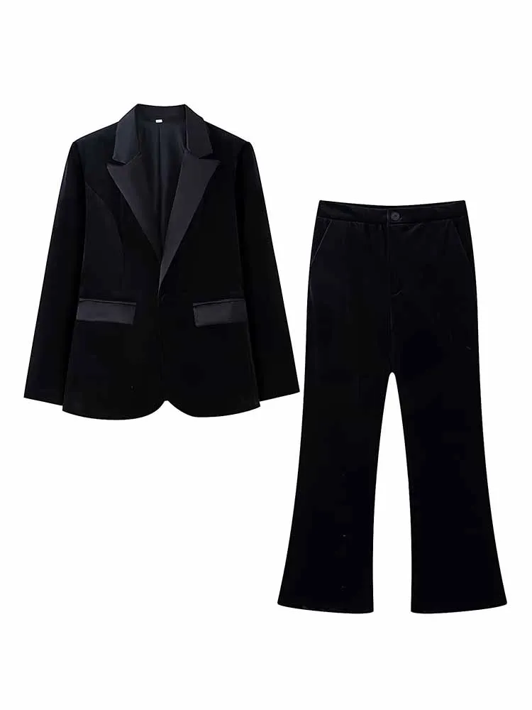Damski wiosenny komplet: marynarka z długim rękawem z aksamitu w jednolitym kolorze + spodnie garniturowe z guzikami, uniwersalny dwuczęściowy zestaw.