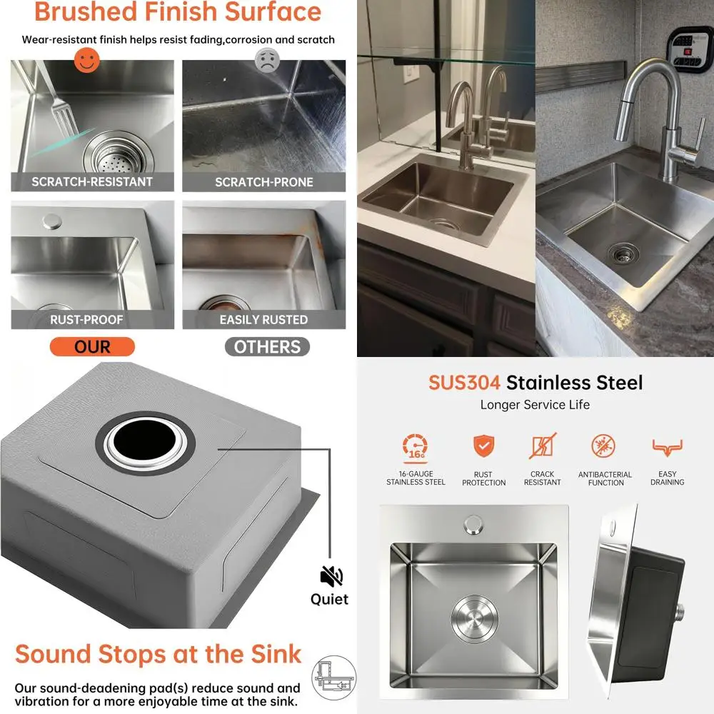 

Top Mount 15 Inch Single Bowl Kitchen Sink in Brushed Nickel, Handmade 16 Gauge Stainless Steel Bar Sink for Deep Basin Use