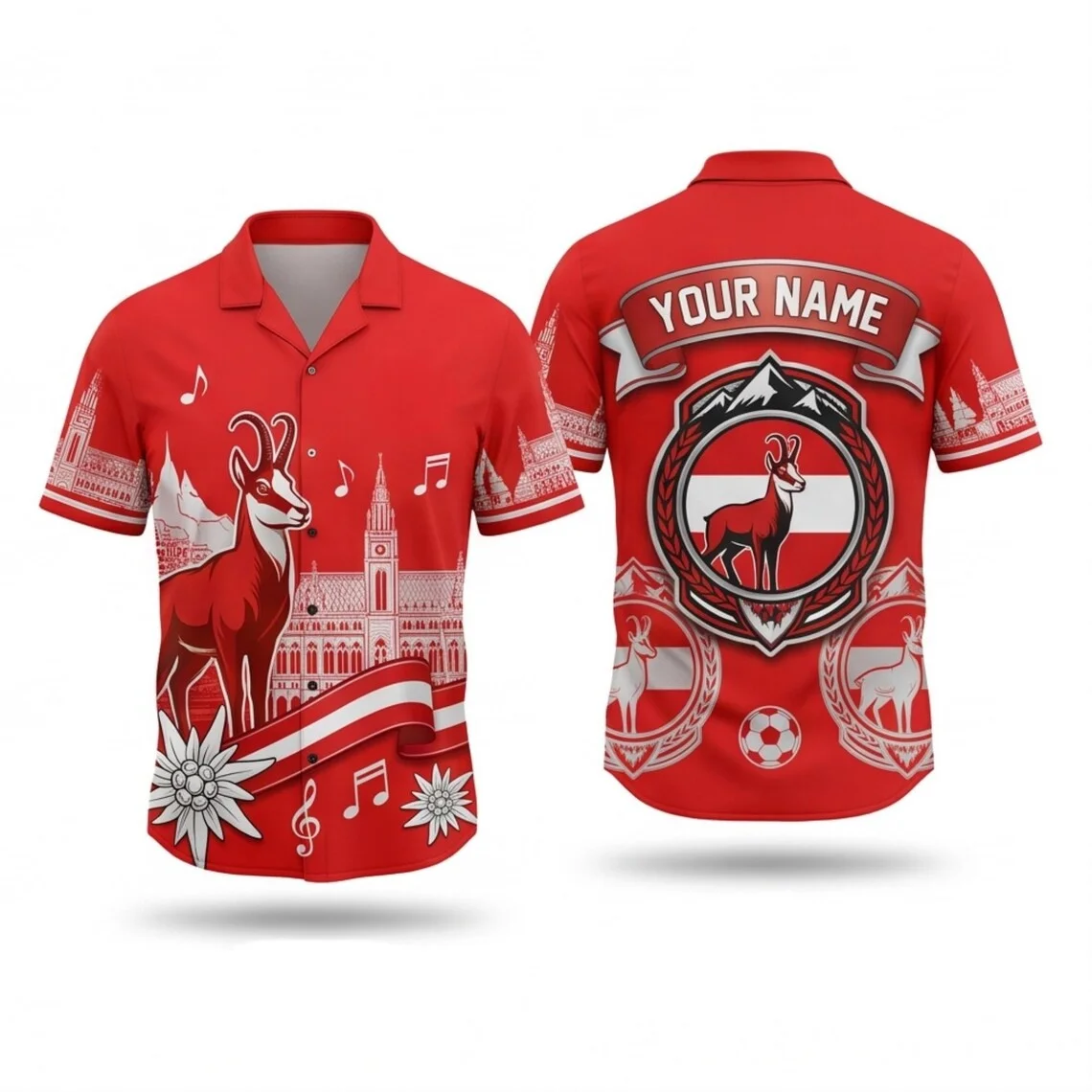 Austria Hawaiian Shirts Trio, Red Soccer Fan Outfit Alpine Goat Flag Landmark Edelweiss Music Vacation Gift for Match Party Wear