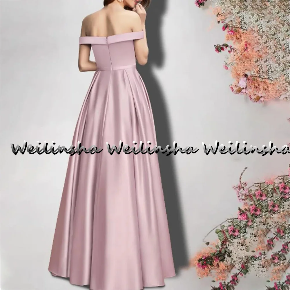 Weilinsha Pink A-Line Mother Of The Bride Dress Off Shoulder Satin Wedding Guest Gowns 2022 Sleeveless Evening Party 