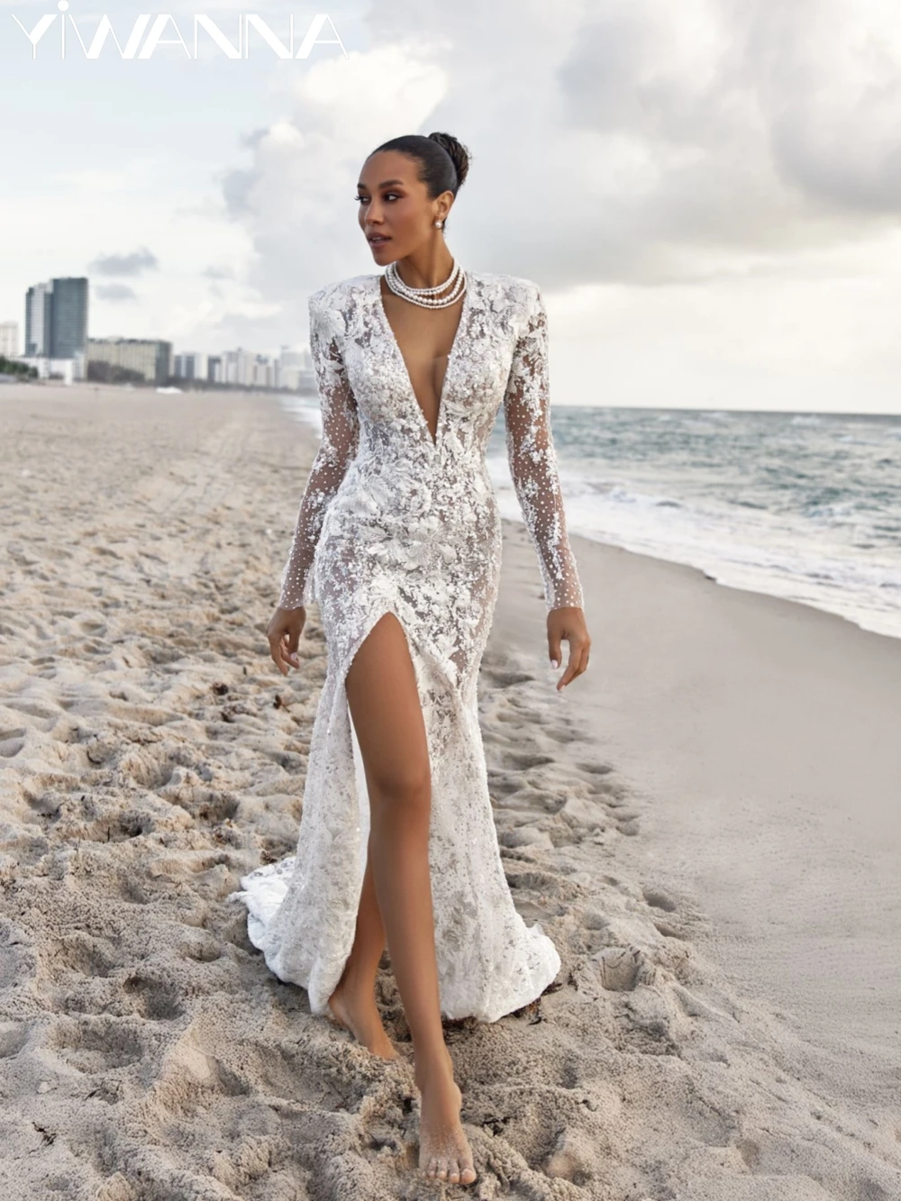 

Beach Illusion Beaded Appliques Long Wedding Dress Sexy Deep V-neck Backless Bridal Gown Customized Elegant Dresses For Bride