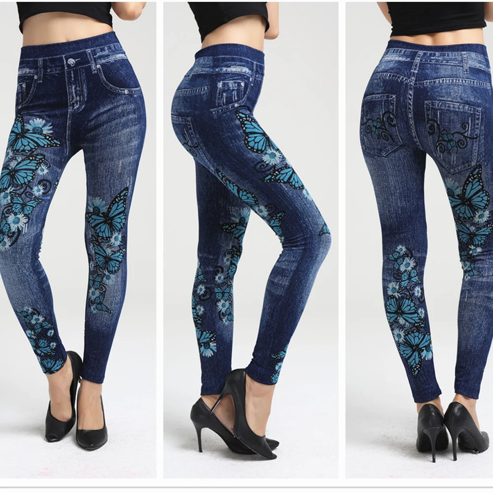 Women High Elastic Waist Butterfly Print Fake Denim Leggings Summer Slim Push Up Skinny Long Trousers XCMY-F801