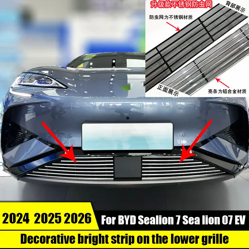 For BYD Sealion 7 Sea lion 07 2024 2025 Decorative bright strip stainless steel insect screen on the lower grille
