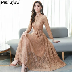 2024 Spring Autumn Lace Sexy Maxi Dresses Women Long Sleeve Elegant Office Lady Dress Vintage Bodycon Party Midi Night Vestidos