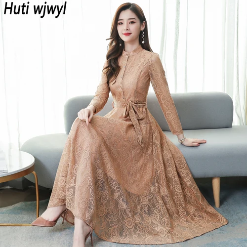 Maxivestido de encaje de manga larga para mujer, vestido de oficina elegante, Vintage, ajustado, Midi, para fiesta nocturna, primavera y otoño, 2024