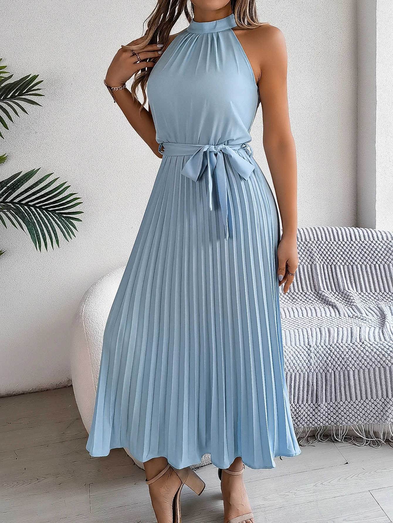 Spring Summer Vacation Sleeveless Pleated Long Dress Solid Dresses for Women Mother\'s Day