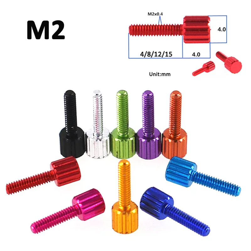 

2/5/10pcs Color Thumb Screw M2*4 8 12 15mm Aluminum Alloy Knurled Cylindrical Head Hand Tighten Bolt Anodizing DIY Modification