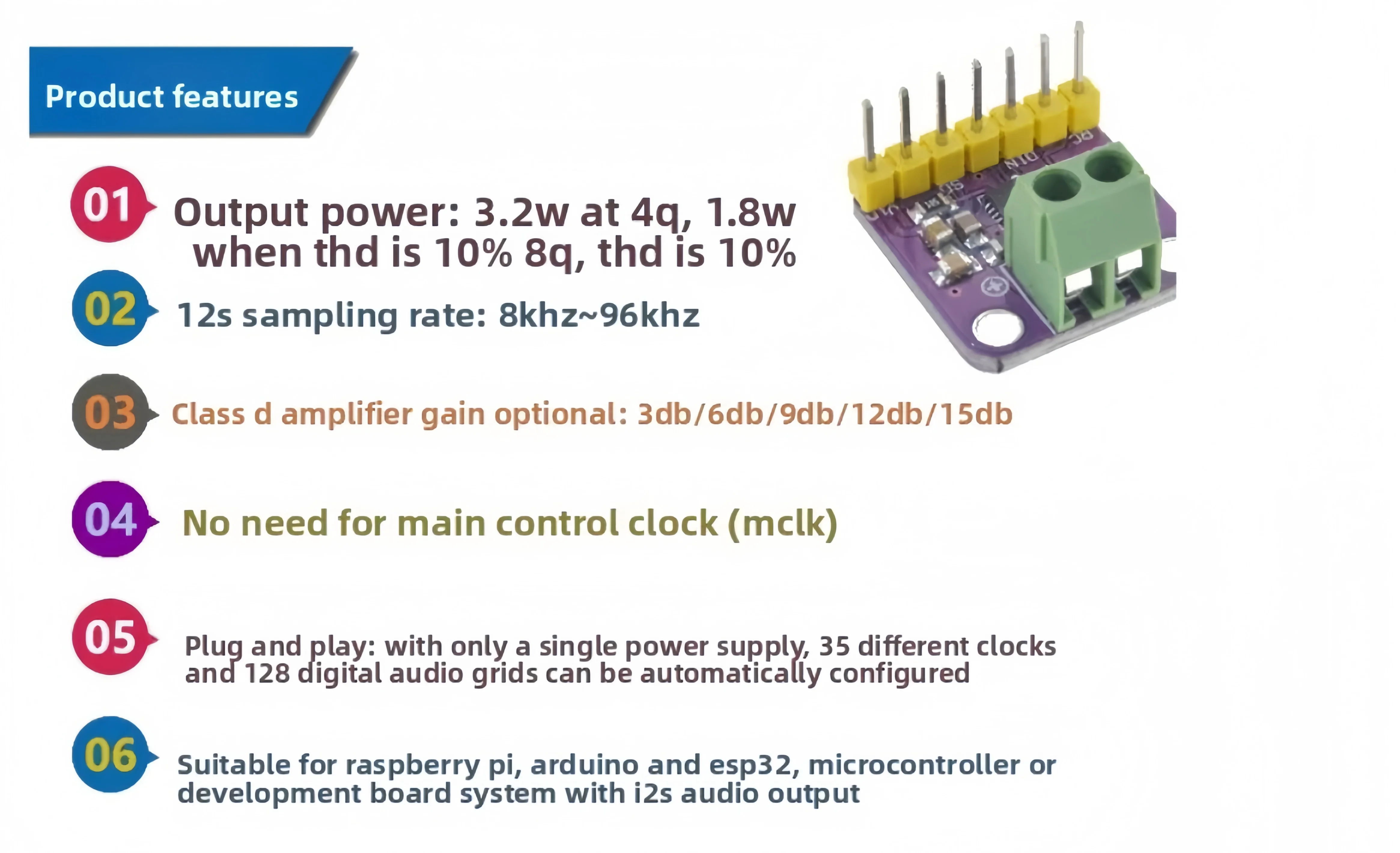 MAX98357 I2S Audio-Verstärkermodul / Filterloser Class-D-Verstärker, unterstützt ESP32, Raspberry Pi – Detail 4