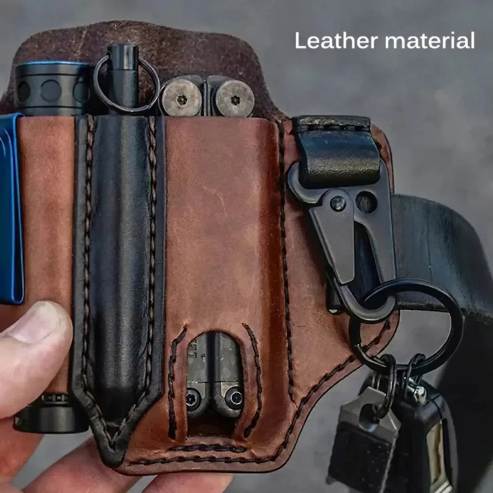 Leather Sheath Multitool Sheath EDC Pocket Organizer with Key Holder for Belt and Flashlight Outdoor Camping Tool