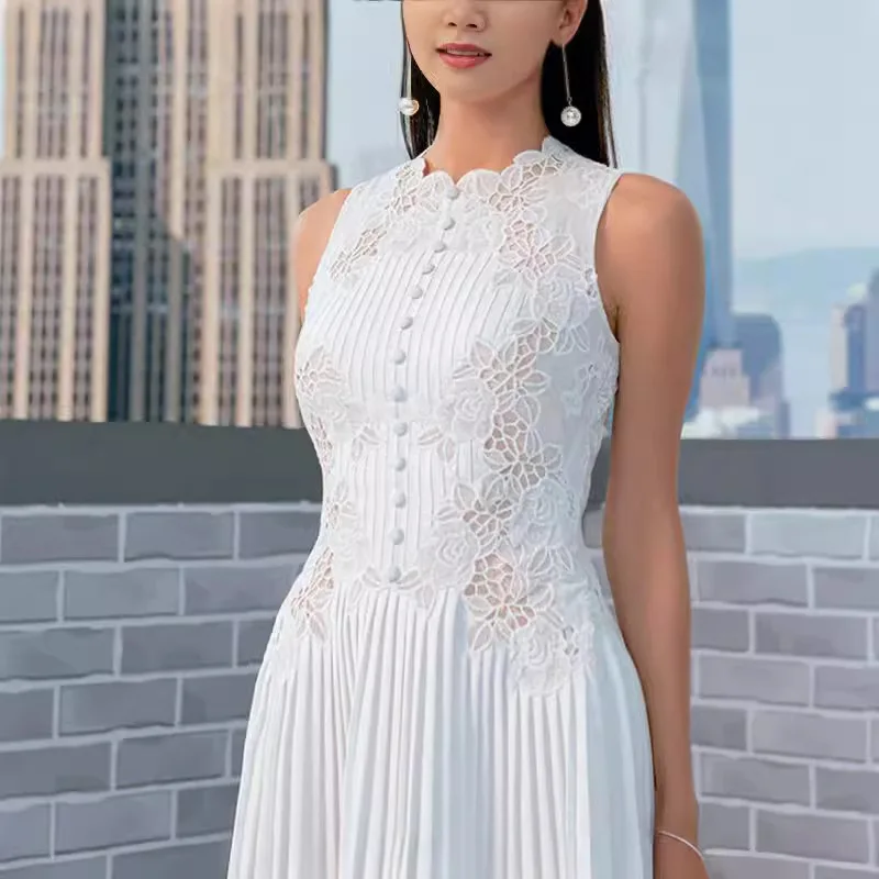 Women's Sleeveless Crochet Flower Hollow Out Stitching White Prom Dress Summer Fashion Embroidery Pleated Party Robe Vestidos