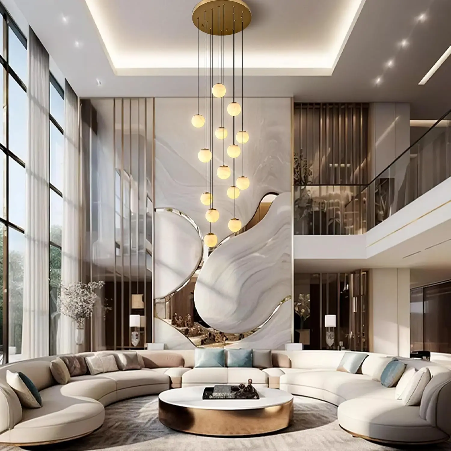 Alabaster Staircase Chandelier For High Ceiling Natural Marble Hanging Chandelier Multi Pendant Light For Loft Foyer Entryway