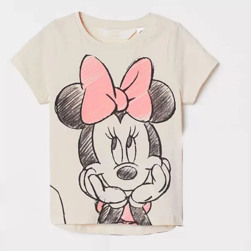 Minnie Printing T-shirt Babies Girls O-neck Bottoming Shirt Fashion Simple Cute Short Sleeve Tops Child Cartoon Clothes