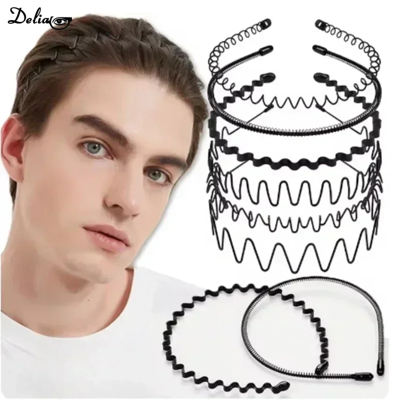 Unisex Black Elastic Non Slip Simple Metal Headbands for Men Women Wavy Hairband Spring Hair Hoop Fashion Hair Accessories