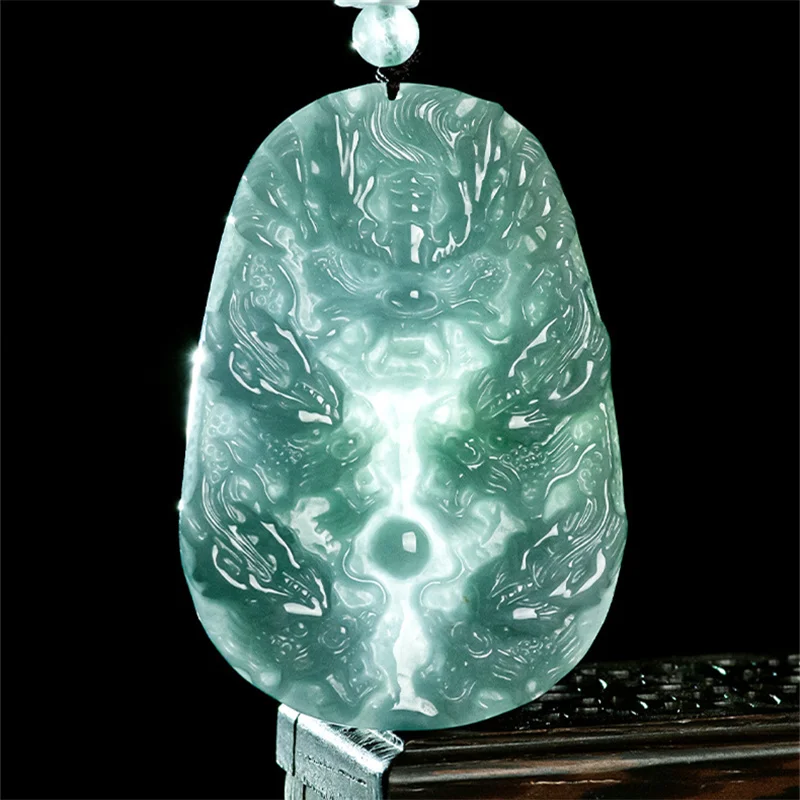 Ma Ichuang/ Hand-carved/ Natural Jade A+ Ice Species Blue Water Kowloon Blessing Necklace Pendant for Men and Women Amulet Gift