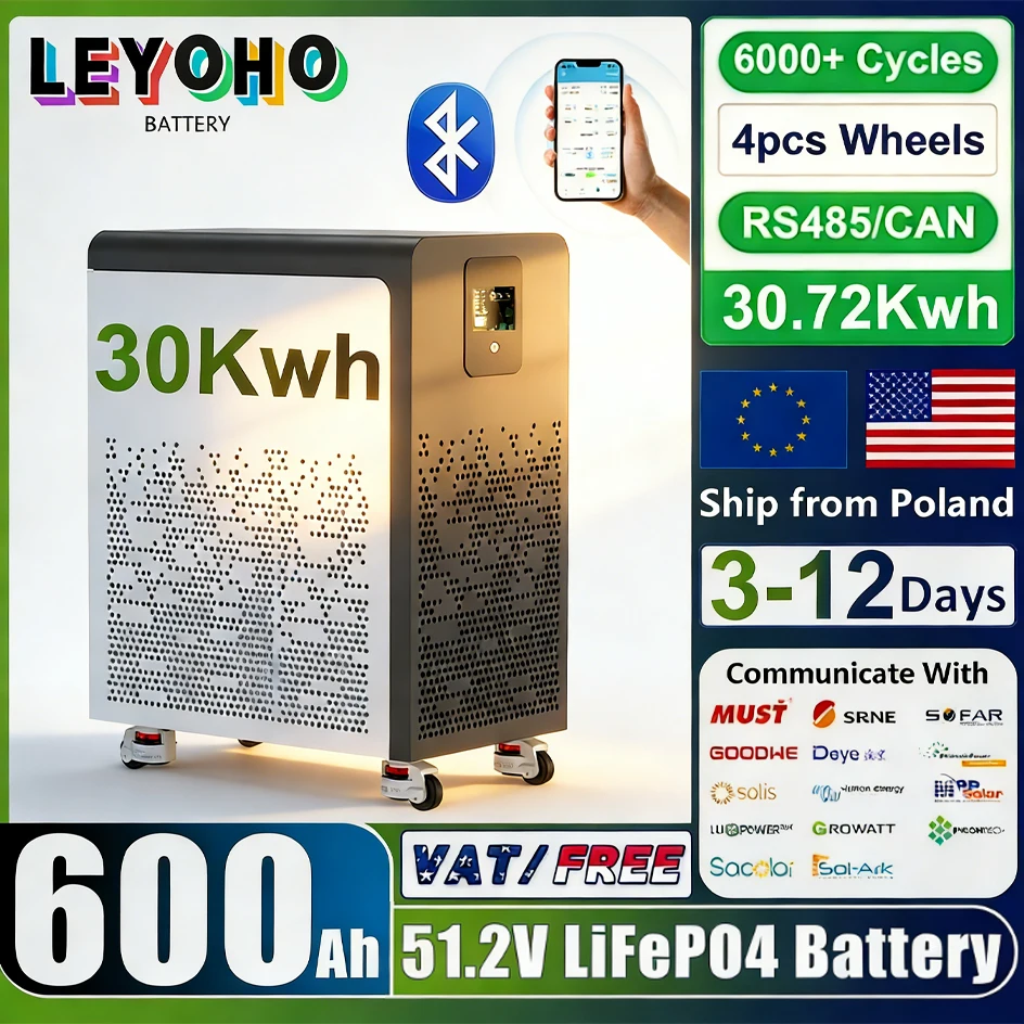 Batterie au Lithium 48V 600Ah LiFePO4 30Kwh avec roues 51.2V 100Ah 300Ah, plus de 6000 Cycles, Bluetooth CAN RS485 BMS, STOCK ue