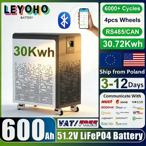 48V 600Ah LiFePO4 배터리 팩 30Kwh 바퀴 포함 51.2V 100Ah 300Ah 리튬 배터리 6000+ 사이클 블루투스 CAN RS485 BMS EU 재고