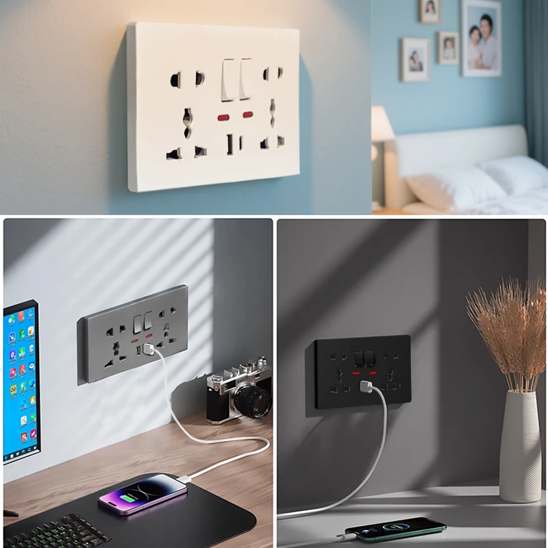 Universal Wall Socket with USB-C USB Charger & Switches- 2 Gang Power Outlet With LED, Flush Mount, AC 110-250V