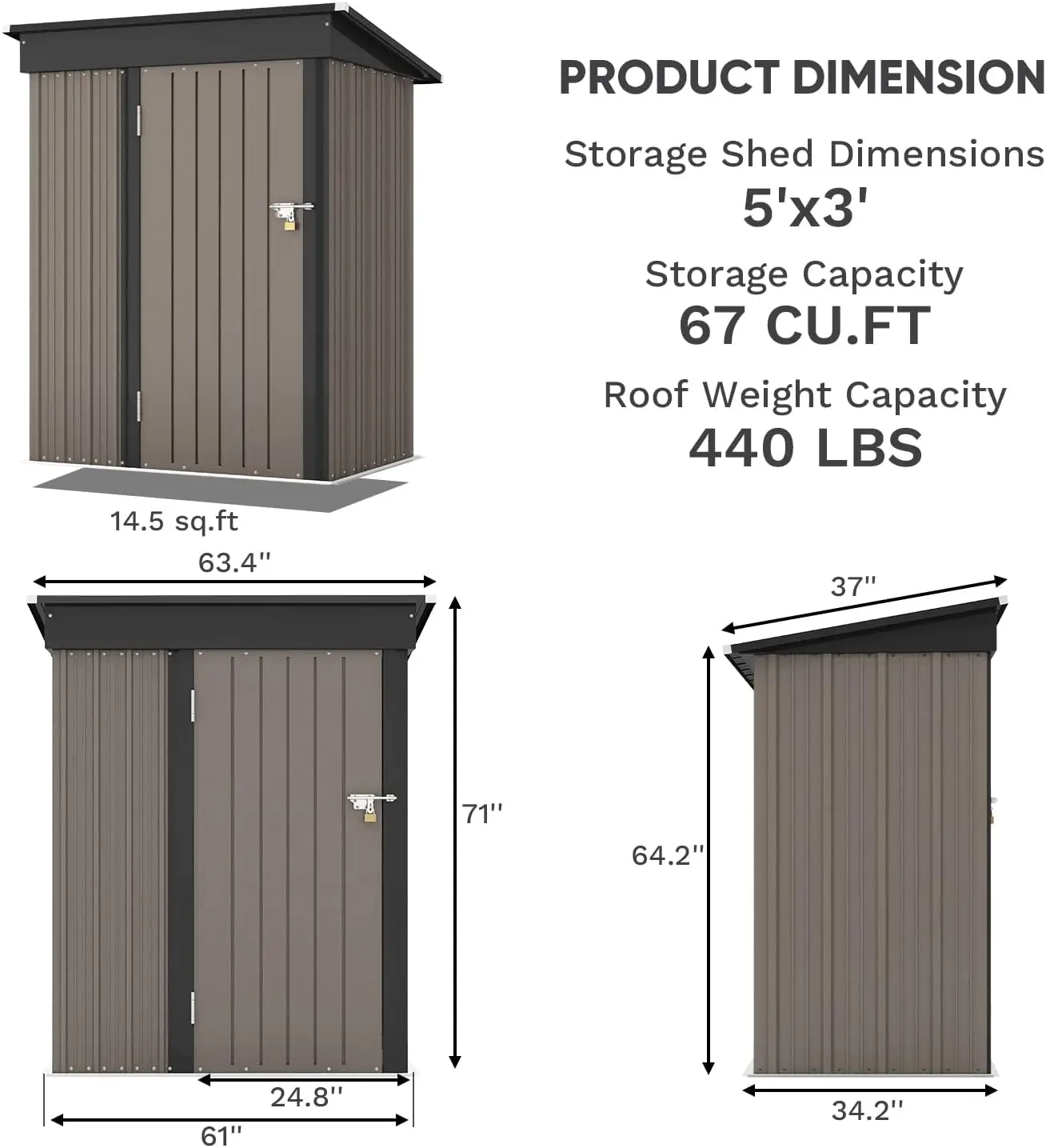 5x3 FT Outdoor Storage Shed, Tool Shed with Sloping Roof and Lockable Door, Metal Shed for Backyard Garden Patio Lawn, Brown