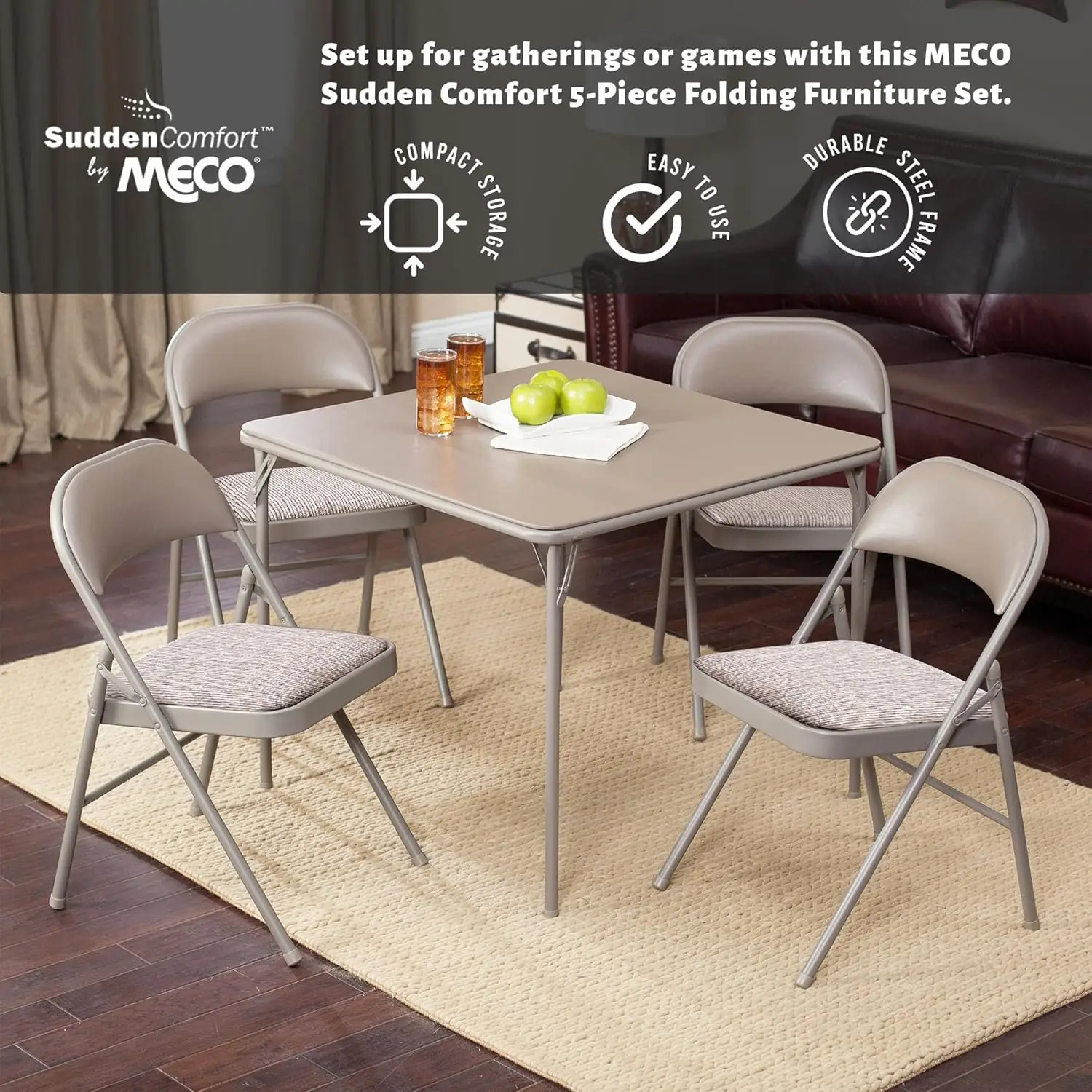 MECO Sudden Comfort 5 Piece 34 x 34 Inch Square Folding Dining Card Table with 4 Padded Folding Chairs Furniture Set