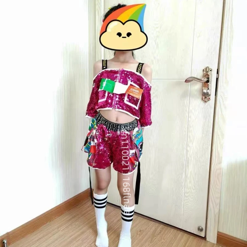 Girls' Hip-hop, Street Dance, Jazz Dance Performance Costumes with Sequins, Stylish and Personalized Fashion Runway Costumes